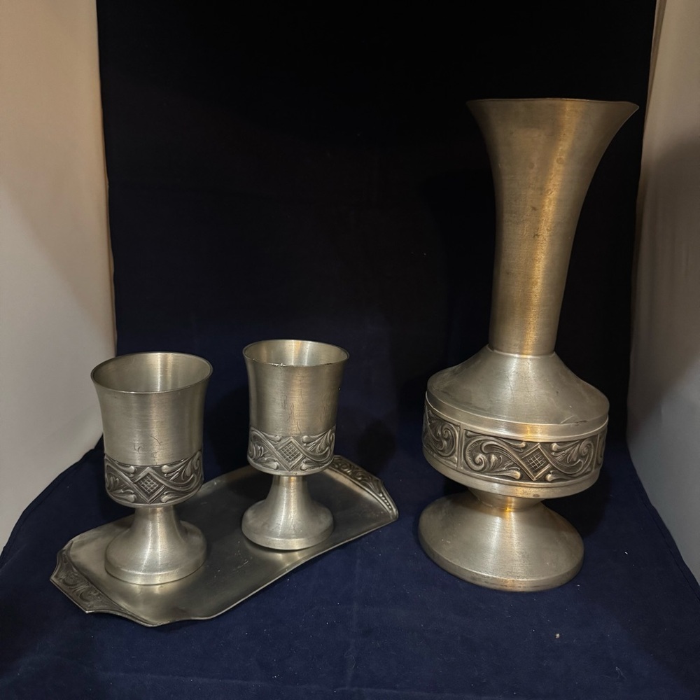 Set Of 4 Mid Centuryg Selandia Norway Pewter goblets and decanter/ vase